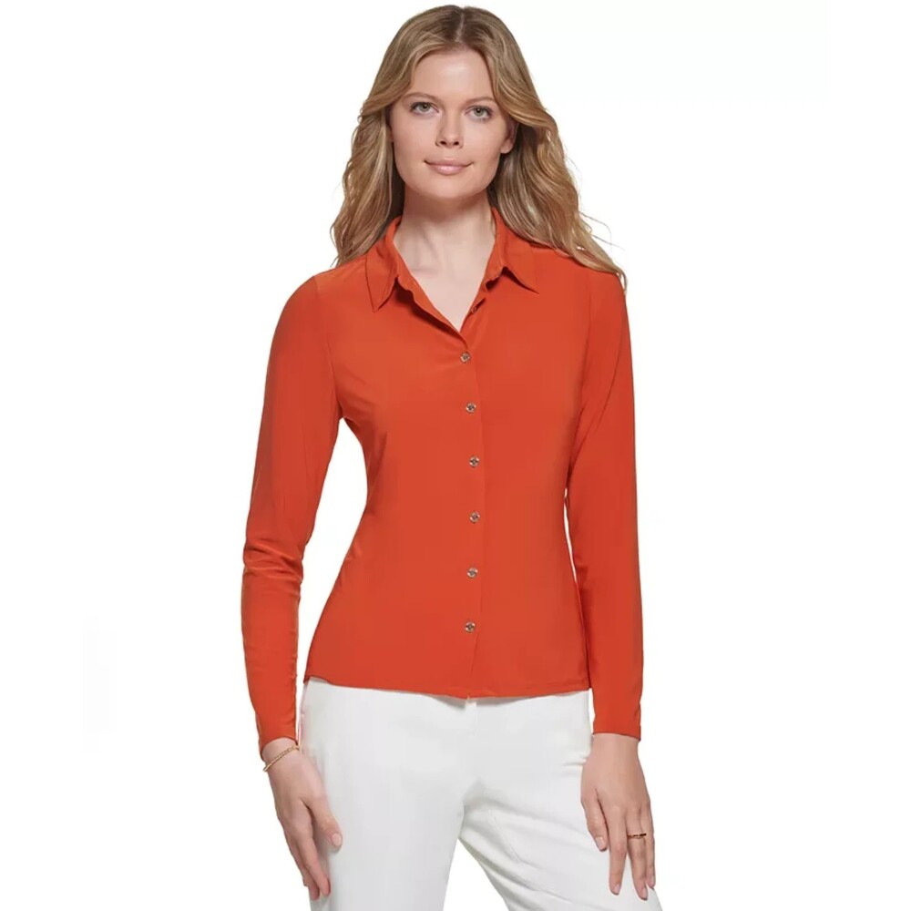 Tommy Hilfiger Long Sleeve Collared Button Front Blouse Orange Red Autumn Size L